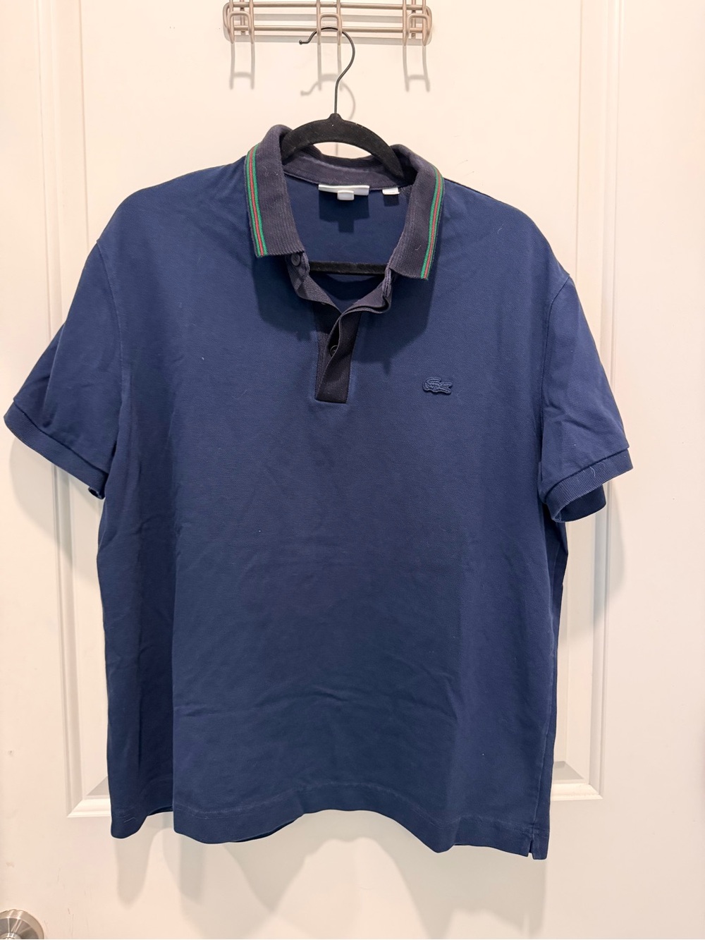 Lacoste Polo Shirt Blue Short Sleeve Contrast Striped
Collar Size XL